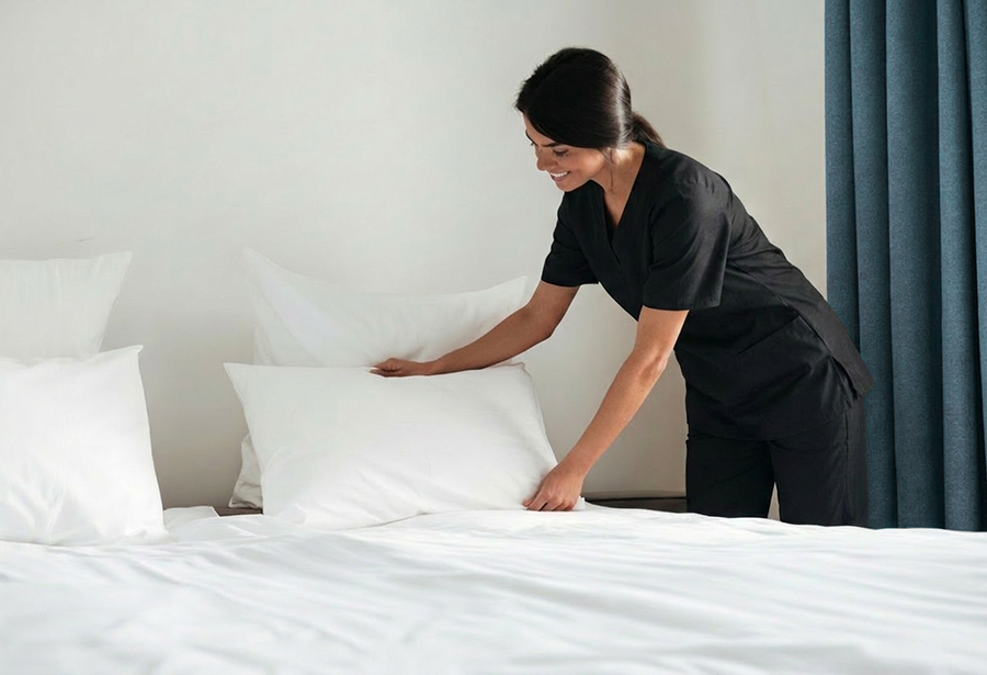 A housekeeper in a uniform and white apron arranges a pillow on a neatly made bed.