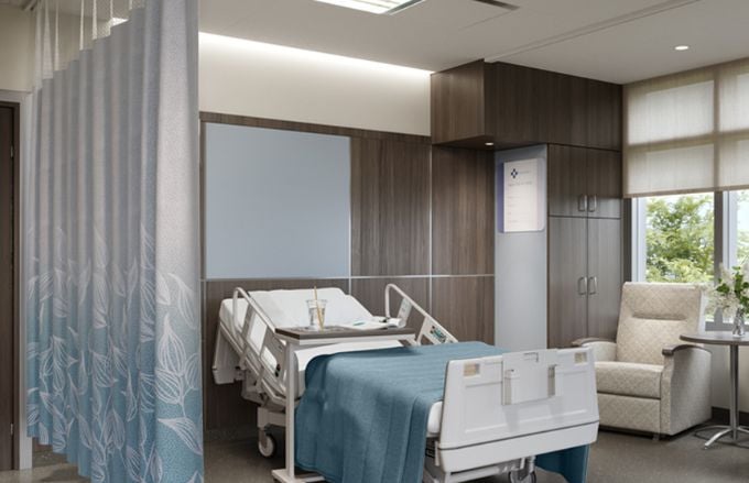 Hospital room with privacy curtain
