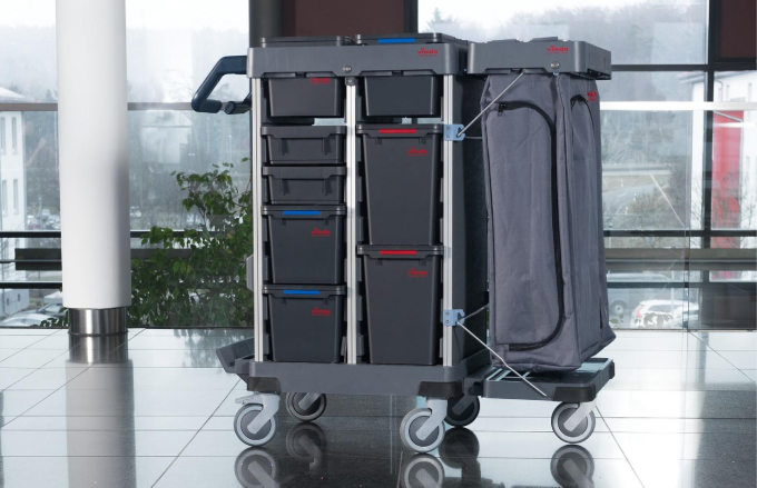 A well-organized healthcare cleaning trolley
