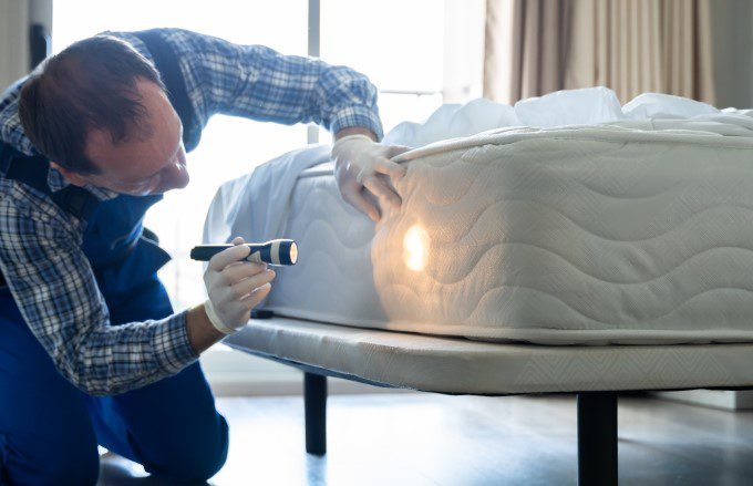 Image of a man inspecting a mattress with a flashlight