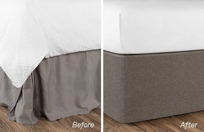 Two images contrasting a "before" of a bed with a rumpled bed skirt and an "after" of a bed with the sleek bed skirt alternative circa bed wrap.