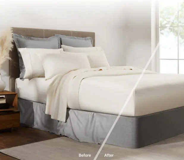This image shows the contrast between a messy bed skirt and the Circa® Bed Wrap. The Circa® Bed Wrap allows you to achieve a modern, elevated look of a platform bed in a matter of minutes.
