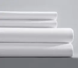 This shows a stack of white T200 Standard Express sheeting. These percale sheets are exceptionally smooth and crease-resistant 200 thread count sheets and pillowcases.