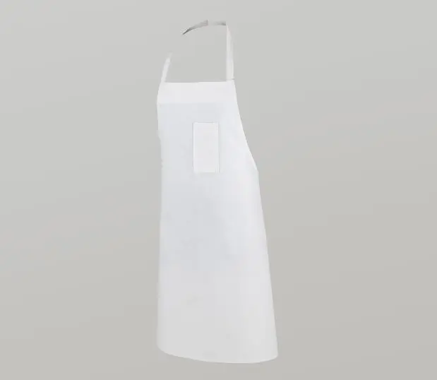This image shows what the bib apron might look like if a person was wearing it. The apron is white, ties at the waist, a chest pocket and loops around your neck