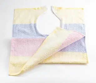 This adult bib with wide pastel stripes in yellow, pink and blue is a Terry Velcro Clothing Protector. The convenient velcro makes placing and removing simple.