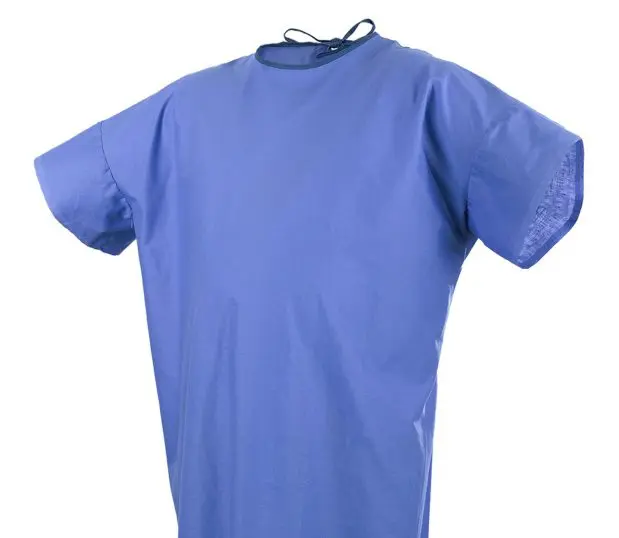Detail of the 100% Cotton Patient Gown. It features tape tie closures at the neck and waist and is in the Ceil Blue color.
