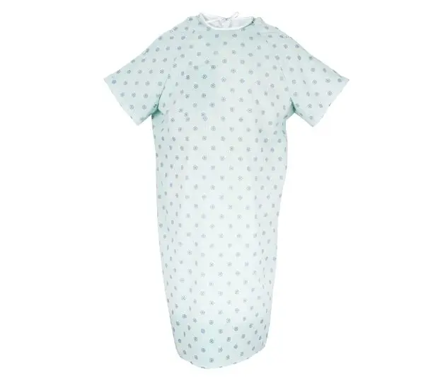 Silhouette of the Lapover Patient Gown. These hospital gowns have a variety of options in V-neck, scoop neck, I.V. sleeves, and telemetry pockets options.