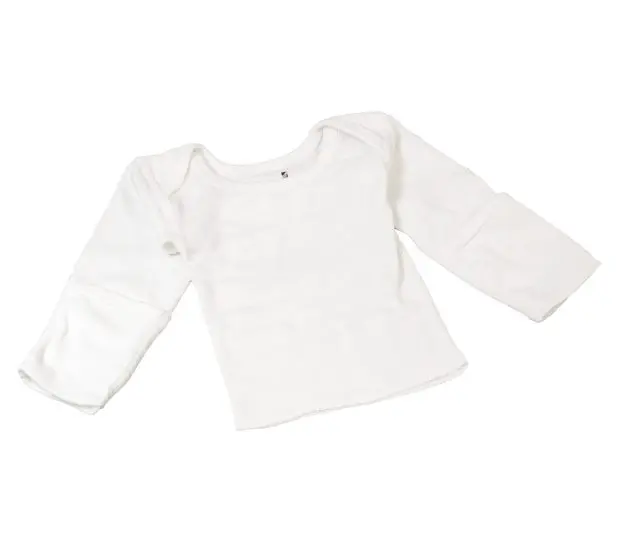 Silhouette of our Long Sleeve DuroSoft Baby Shirt with mitt cuffs. These baby shirts are made from 100% cotton. This one is the Slipper over design.