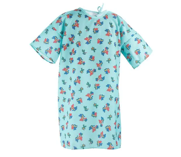 Silhouette of our Pediatric Hospital Gowns with a lapover design made from ChildGuard™ Fabric. This pediatric hospital gown has the Happy Hound print in Aqua.