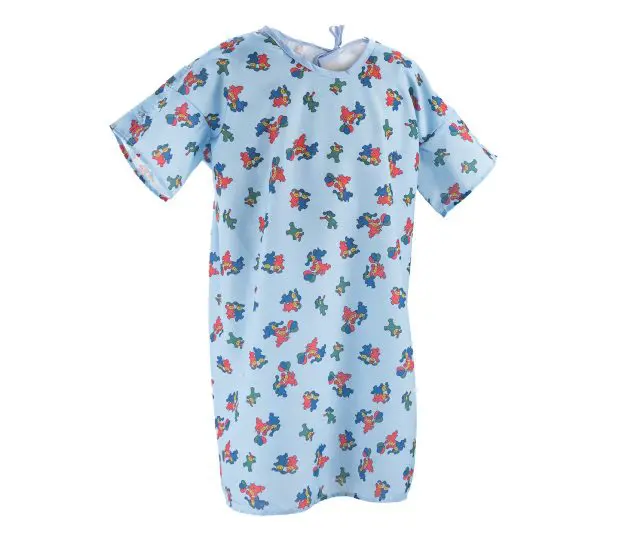 This silhouette of a lapover IV style pediatric hospital gown in a Happy Hound print in blue.