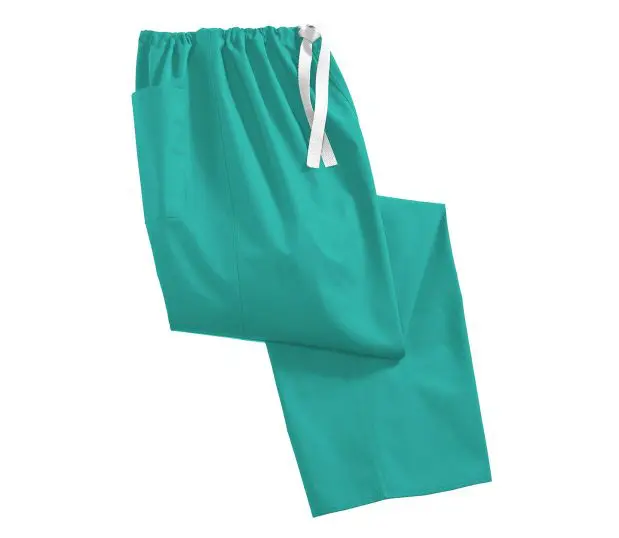 Silhoette of our Softweave® Unisex Scrub Pants are shown here folded and in the Jade colorway. Most styles are reversable with a color-coded drawstring waist.