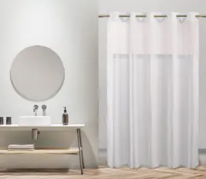 Ames Herringbone hookless shower curtain shown here in an upscale hotel bathroom.