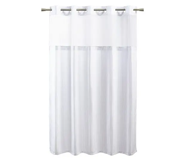 Full length silhouette of white hookless shower curtain in the Ames- Herringbone pattern. Shown hanging from a rod.