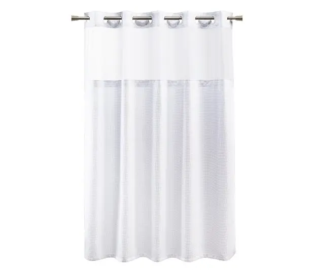 Full length silhouette of white hookless shower curtain in the Luxe Waffle pattern. Shown hanging from a rod.
