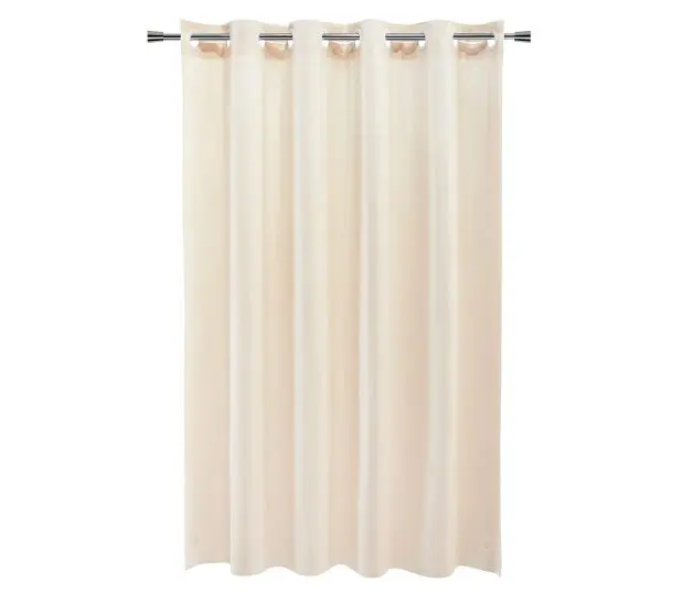 Full length silhouette of beige hookless shower curtain in Cruise Vinyl. Shown hanging from a rod.