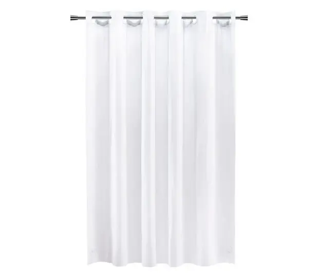 Full length silhouette of white hookless shower curtain in Cruise Vinyl. Shown hanging from a rod.