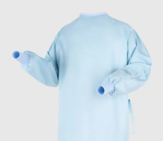 Detail of reusable Compel MLR surgical gown. AAMI PB70 Level 3 Barrier Standard.
