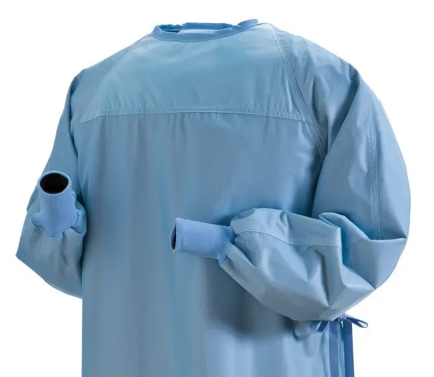 Detail of the of the ProMax® Reusable Surgical Gown. It is a solid Aqua with knit cuffs and yoked front.