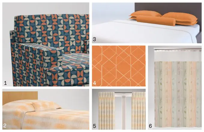 The image is a collage image of upholstery, bed spread, pillows and window coverings in various shades of orange.