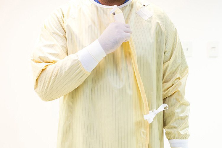 This image demonstrates the front opening of our reusable isolation gown. Our precaution gowns are manufactured with innovative ComPel® technology.