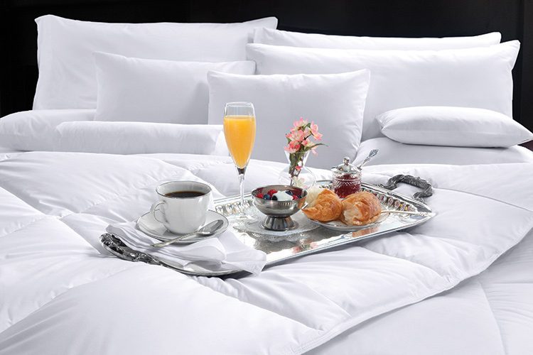 Breakfast in bed tray on LuxSoft comforter and assorted pillows.