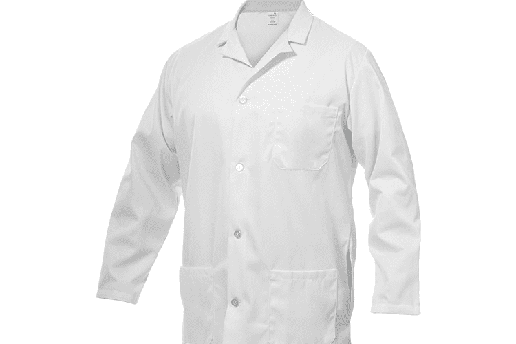 A white men's lab coat is shown here. We also offer lab coats for women.