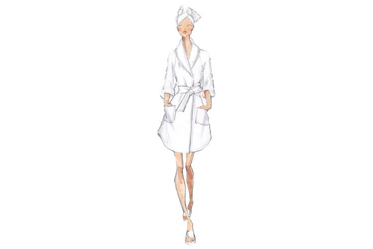 An fashion illustration of a model wearing a bath robe.