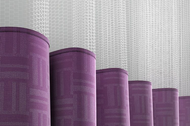 This image shows a On The Right Track Privacy Curtain: The pattern is Bezel and the color-way is Elderberry.