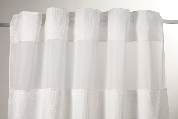 Image shows one of our hookless commercial shower curtains.