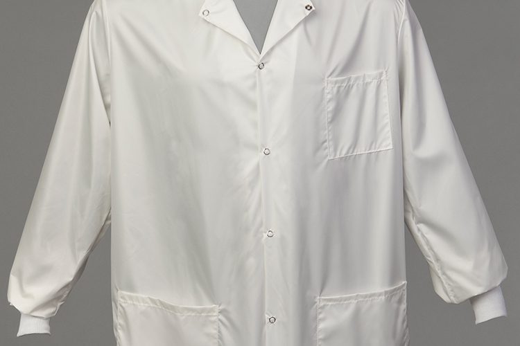 A ComPel® Lab Coat on a grey background.