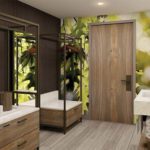 A bathroom featuring custom printed wallcoverings.