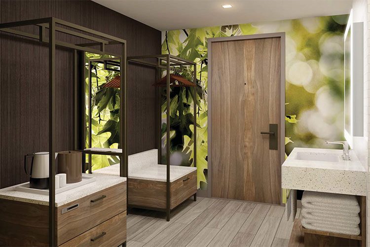 A bathroom featuring custom printed wallcoverings.