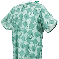 This reusable hospital gown in the Leaves Pattern is shown here in the Pine color way. Our medical gowns are designed for comfort, quality and durability. We stock our patient gowns in a variety of traditional and modern colors and patterns. Custom options are also available.