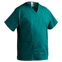 Medical scrubs like this V-Neck Unisex Scrubs Shirt with Lower Pocket featured in this image are available in many colors. This hospital scrub shirt is shown in Jade,