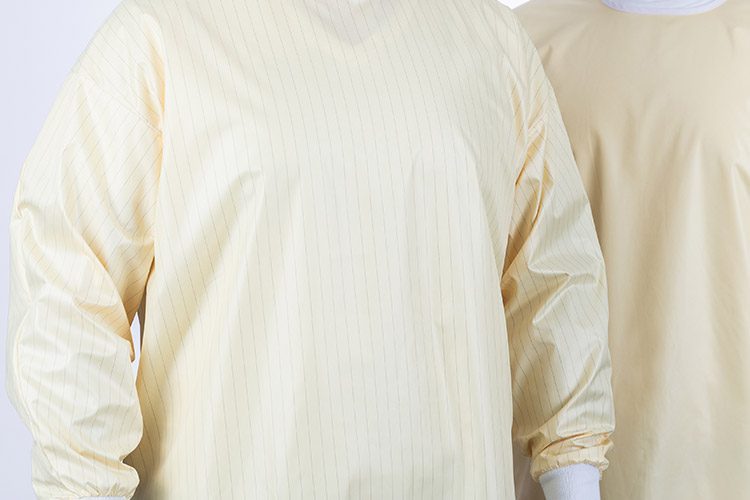 close-up of reusable isolation gown
