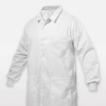 A ComPel fluid resistant lab coat with cuffed sleeves on a white background. This lab is a unisex lab coat.
