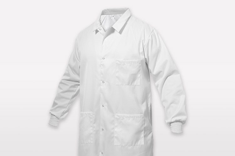 A ComPel fluid resistant lab coat with cuffed sleeves on a white background. This lab is a unisex lab coat.