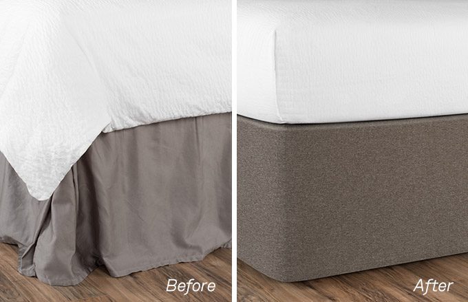 before of a bed with a rumpled bed skirt and after a bed with the sleek bed skirt alternative circa bed wrap