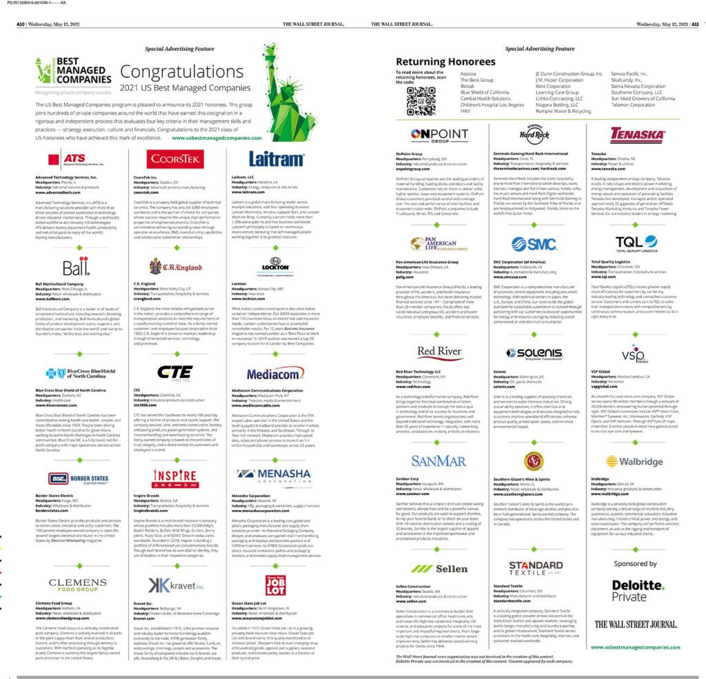 Wall Street Journal Best Managed Companies 2024 As Seen in The Wall Street Journal: Best Managed Companies 2021