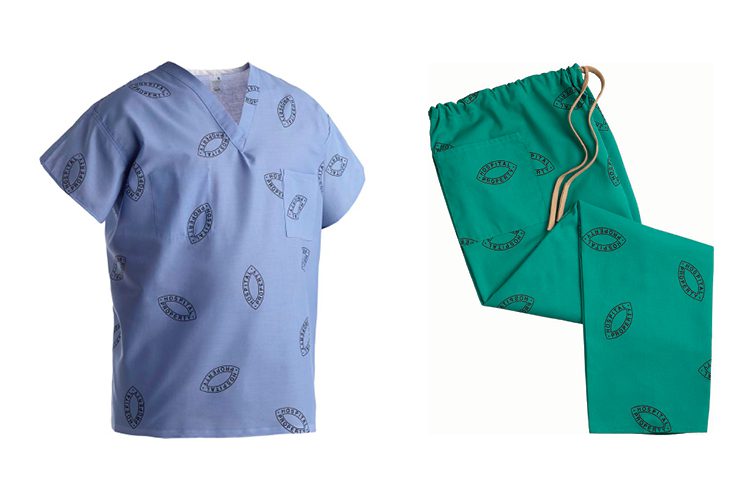 blue scrub shirt and green scrub pants with hospitality property kaumaographed.