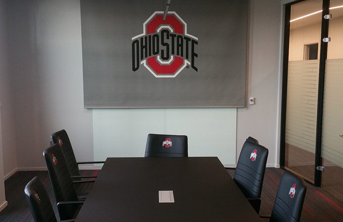 Standard Textile Interiors has partnered with various colleges and universities on their public spaces. This photo shows a conference room at Ohio State.