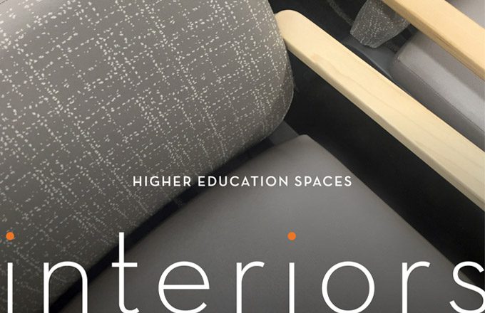 Image of a cover for the Product Guide for Higher Education Spaces. Cover shows modern chairs featuring fabrics by Standard Textile Interiors.