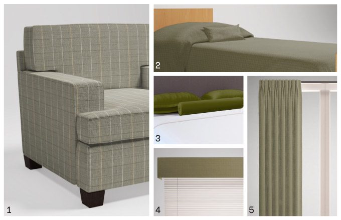 Image is a collage of images showing a chair, bedspread, throw pillows, drapes and a window valance in green fabrics