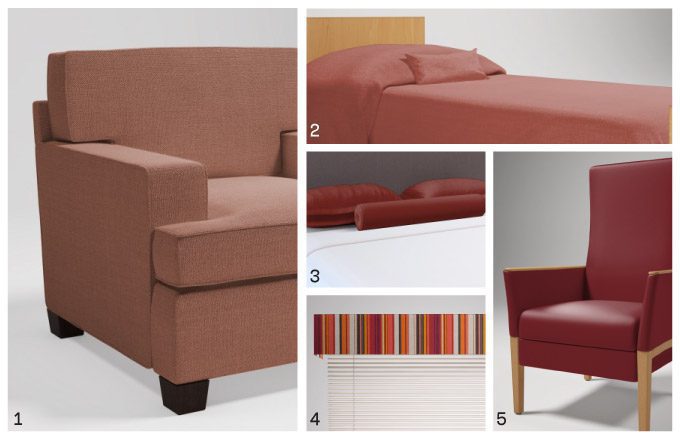 The image is a collage image of upholstery, bed spread, pillows and window coverings in various shades of red.