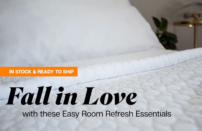 Image of white sheets, pillows and topcover with text "Fall in Love with three Easy Room Refresh Essentials"