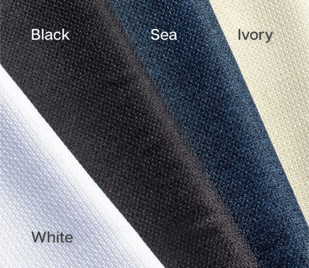 This shows the swatches white, black, sea and ivory for the Circa® Bed Wrap. It is a very textural fabric.