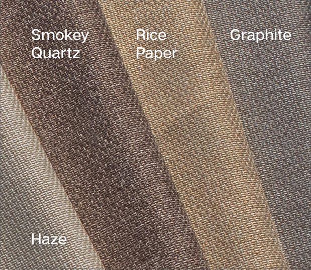 This shows the Circa® Bed Wrap textural fabric swatches haze, smokey quartz, rice paper and graphite.