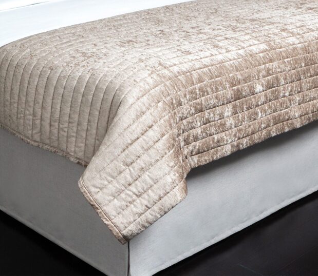 Custom bed skirt with a custom bed scarf.
