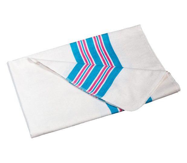 Silhouette of our Striped Baby Blanket. It has a corner turned back to feature the classic pink & blue stripes.
