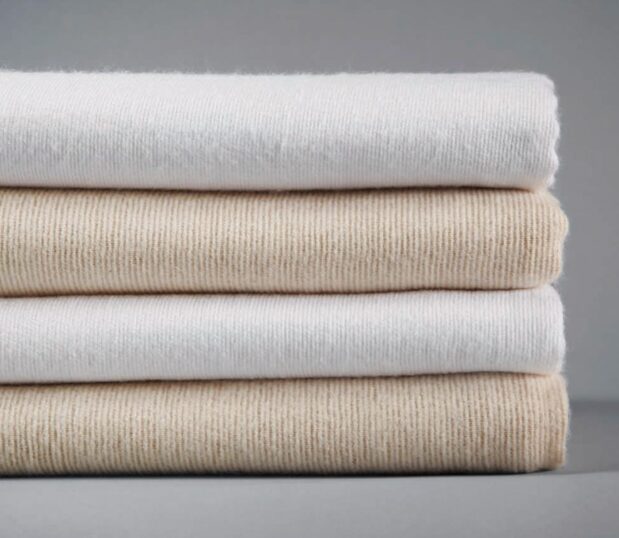 The Basic Bath Blankets is one of our most economical blankets. Shown here in a stack of 2 each of natural and white alternating colors.